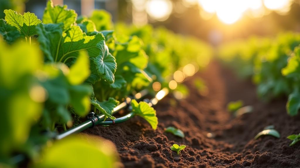 Sistema di irrigazione a goccia tra i filari di un orto rigoglioso